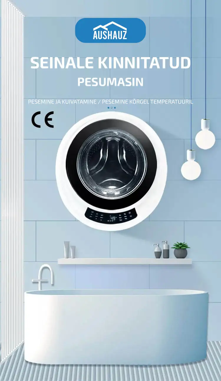 Seinale kinnitatud  pesumasin pesemine ja kuivatamine / pesemine kõrgel temperatuuril